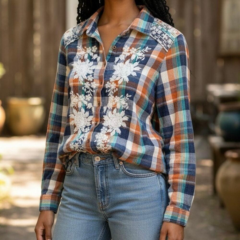 Sundance top western boho embroidered Sz S Plaid Cotton Artisan resort country